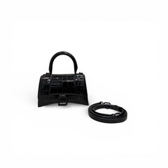 Balenciaga XS Hourglass Croc Embossed Calfskin Bag Black