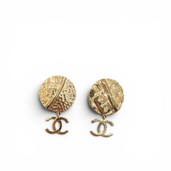 Chanel Round Medallion Gold CC Dangle Earrings Gold Tone