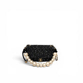 Chanel Pearl Handle Flap Bag Sequins Tweed Navy Blue