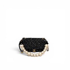 Chanel Pearl Handle Flap Bag Sequins Tweed Navy Blue