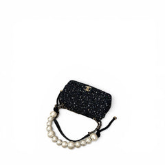 Chanel Pearl Handle Flap Bag Sequins Tweed Navy Blue