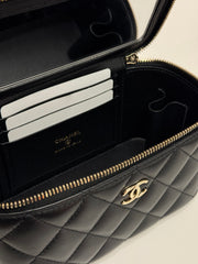 Chanel 22A Top Handle Long Vanity With Chain Lambskin Black