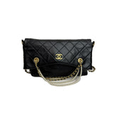 Chanel Medium Pearl Strap Fold Over Shopping Tote Calfskin Black