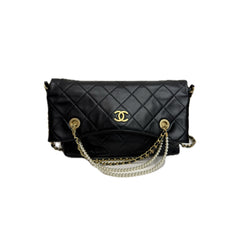 Chanel Medium Pearl Strap Fold Over Shopping Tote Calfskin Black