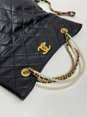 Chanel Medium Pearl Strap Fold Over Shopping Tote Calfskin Black