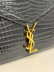 Saint Laurent Mini Cassandra Top Handle Croc-Embossed Calfskin Black