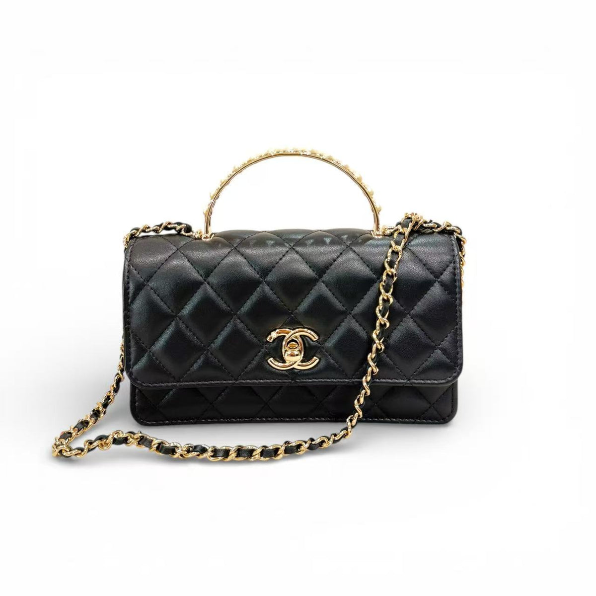 Chanel Top Pearl Handle Flap Bag Lambskin Black (Microchip)
