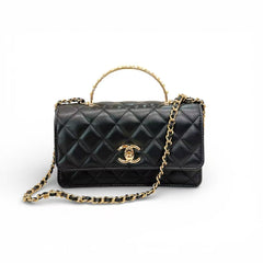 Chanel Top Pearl Handle Flap Bag Lambskin Black (Microchip)