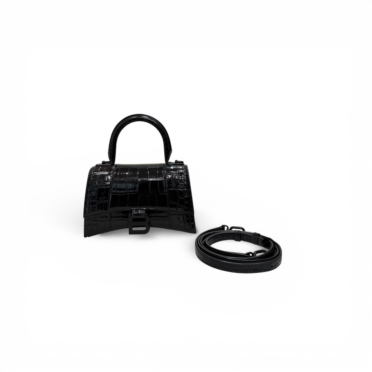 Balenciaga XS Hourglass Croc Embossed Calfskin Bag Black