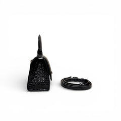 Balenciaga XS Hourglass Croc Embossed Calfskin Bag Black