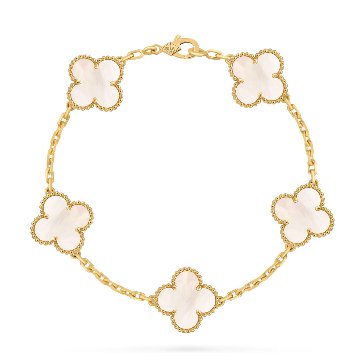 Van Cleef & Arpels Vintage Alhambra Bracelet, 5 Motifs, White Mother of Pearl, Yellow Gold