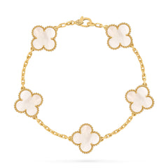 Van Cleef & Arpels Vintage Alhambra Bracelet, 5 Motifs, White Mother of Pearl, Yellow Gold