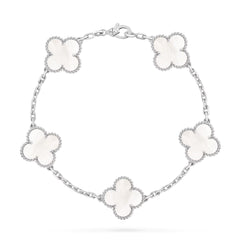 Van Cleef & Arpels Vintage Alhambra Bracelet, 5 Motifs, White Mother of Pearl, White Gold