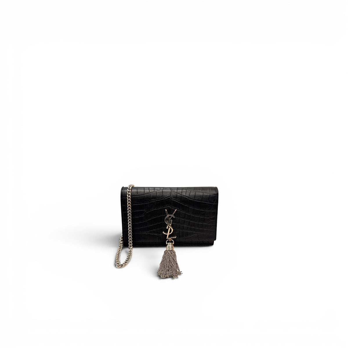 YSL Saint Laurent Small Kate Wallet on Chain Crocodile-Embossed Black