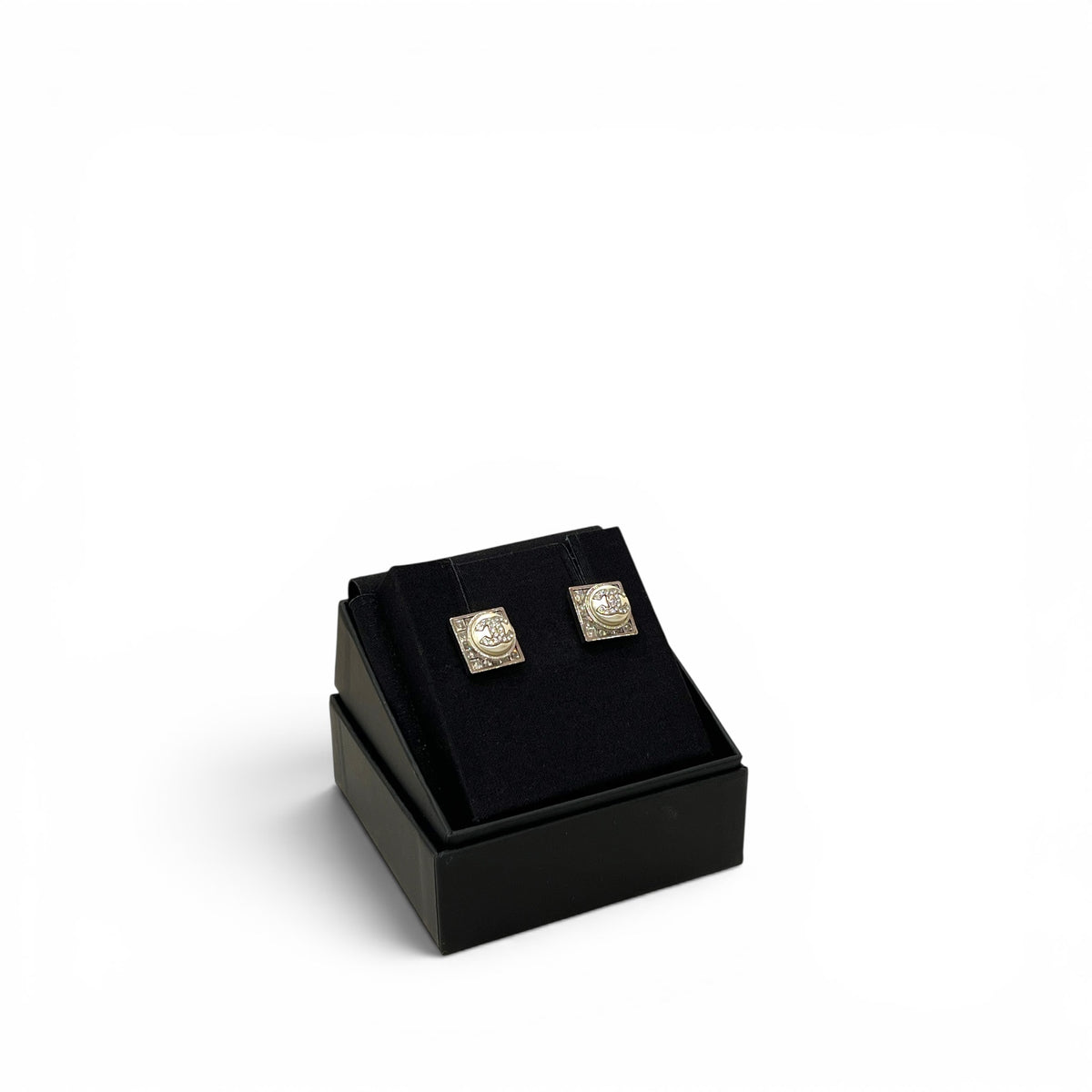 Chanel Square Pearl CC Logo Crystal Earring Silver Tone