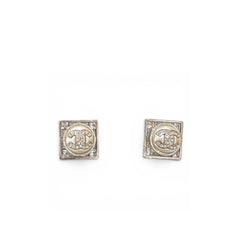 Chanel Square Pearl CC Logo Crystal Earring Silver Tone