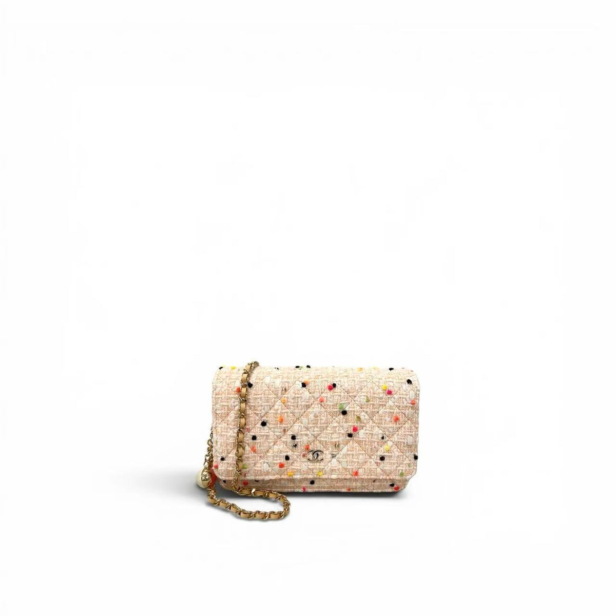 Chanel Chain Wallet Matelassé Tweed Pink Beige Gold Hardware