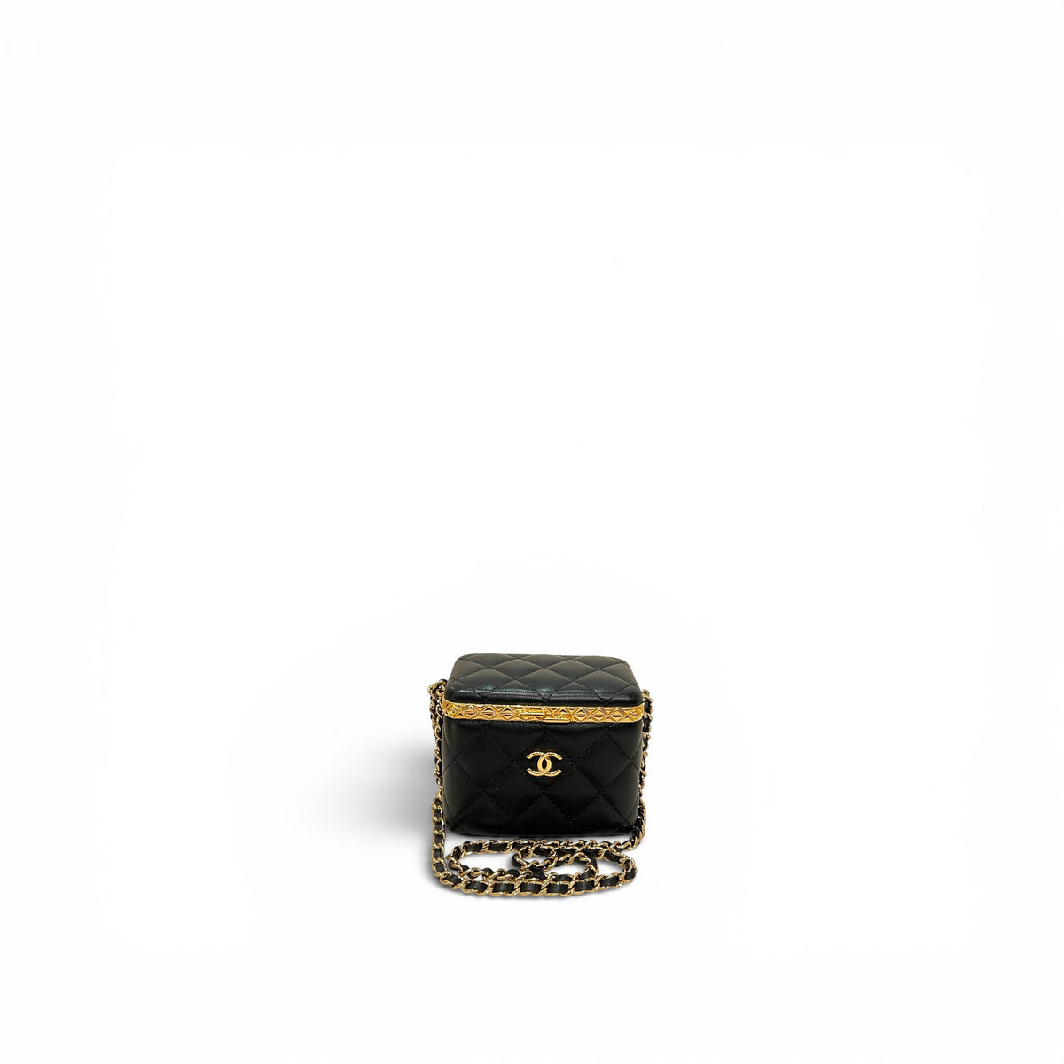 Chanel Detail cc logo mini vanity case with chain lambskin black GHW (microchip)