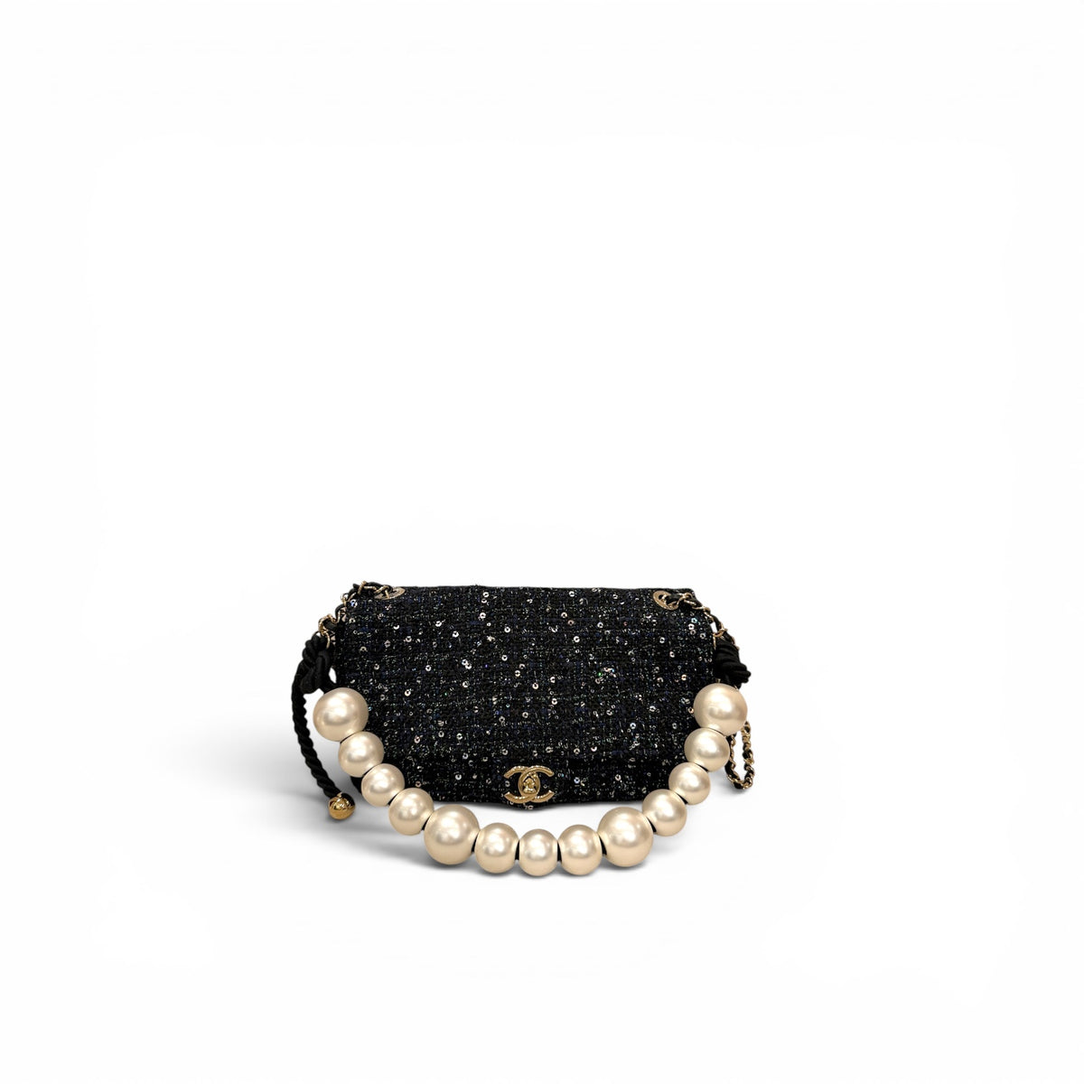 Chanel Pearl Handle Flap Bag Sequins Tweed Navy Blue