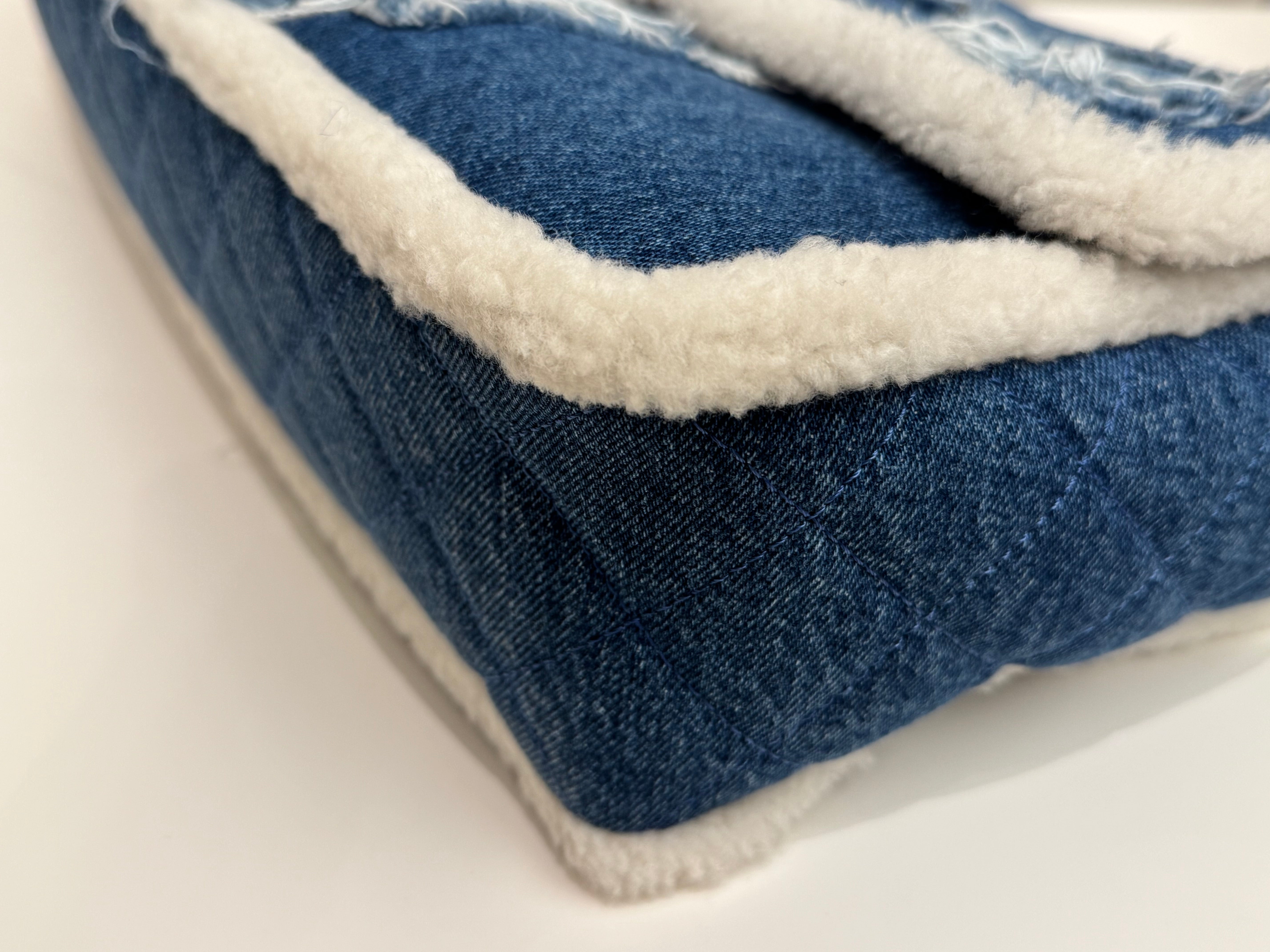 Chanel Shearling Hieroglyph Flap Denim Blue