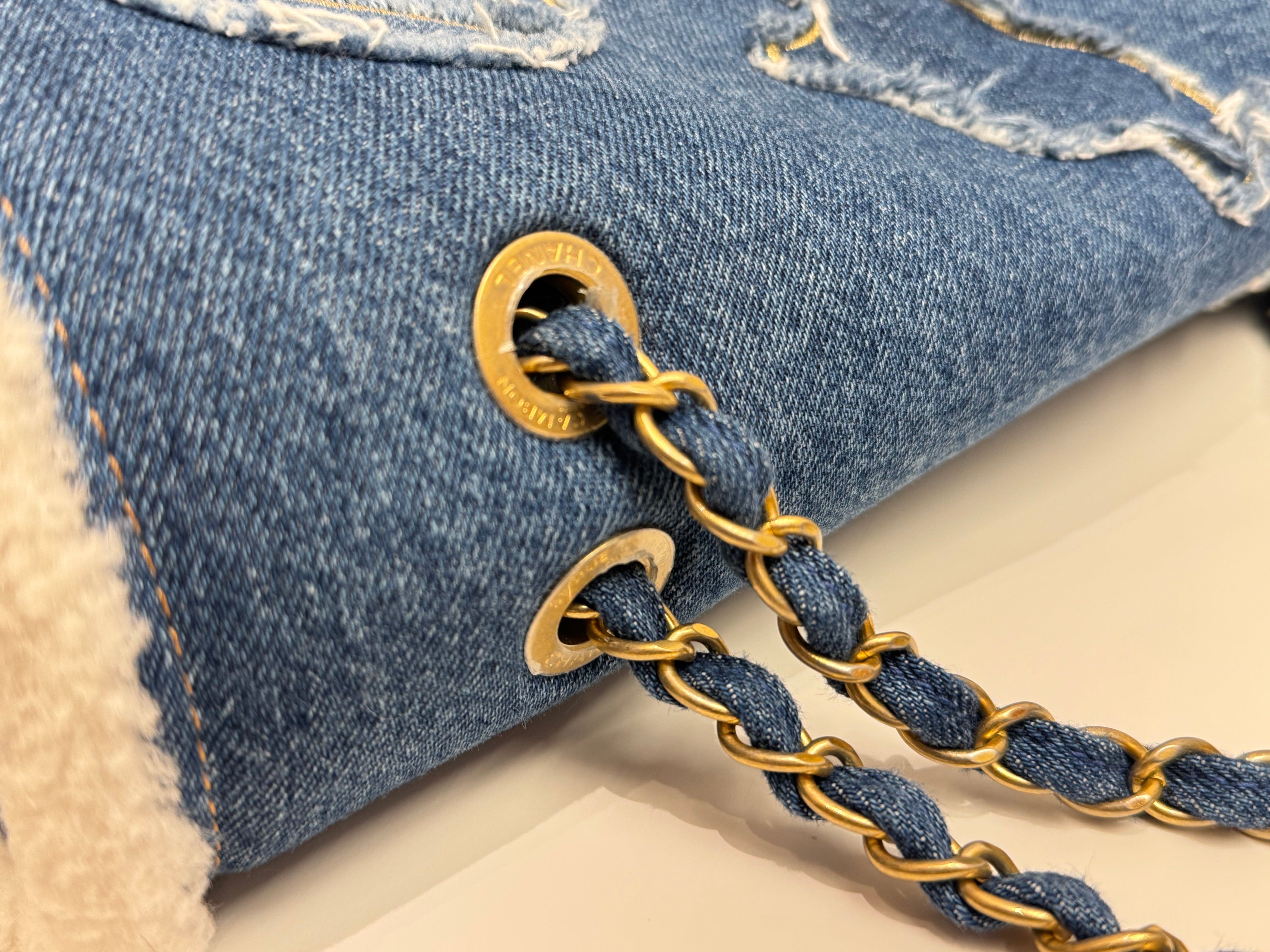 Chanel Shearling Hieroglyph Flap Denim Blue