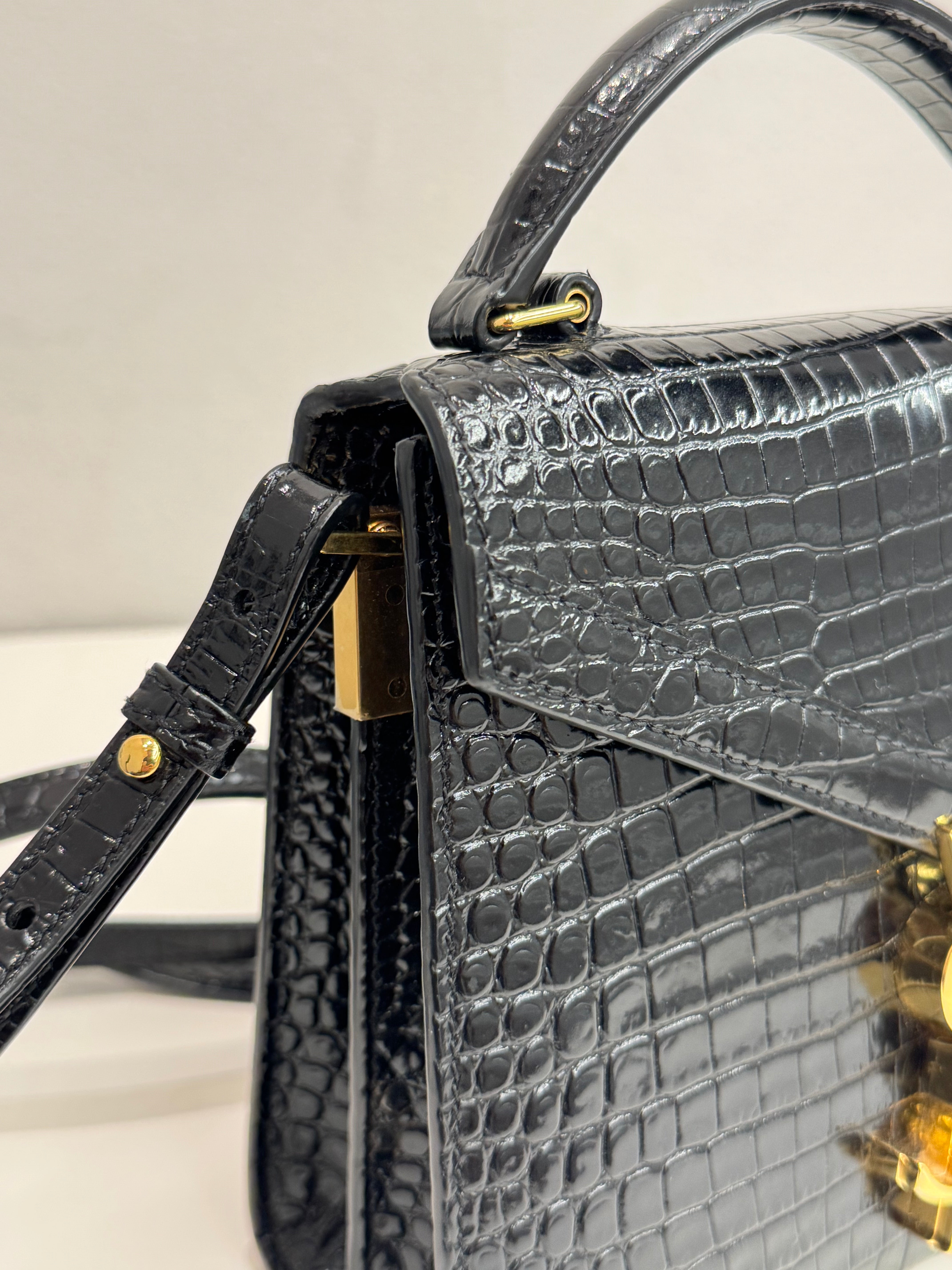 Saint Laurent Mini Cassandra Top Handle Croc-Embossed Calfskin Black