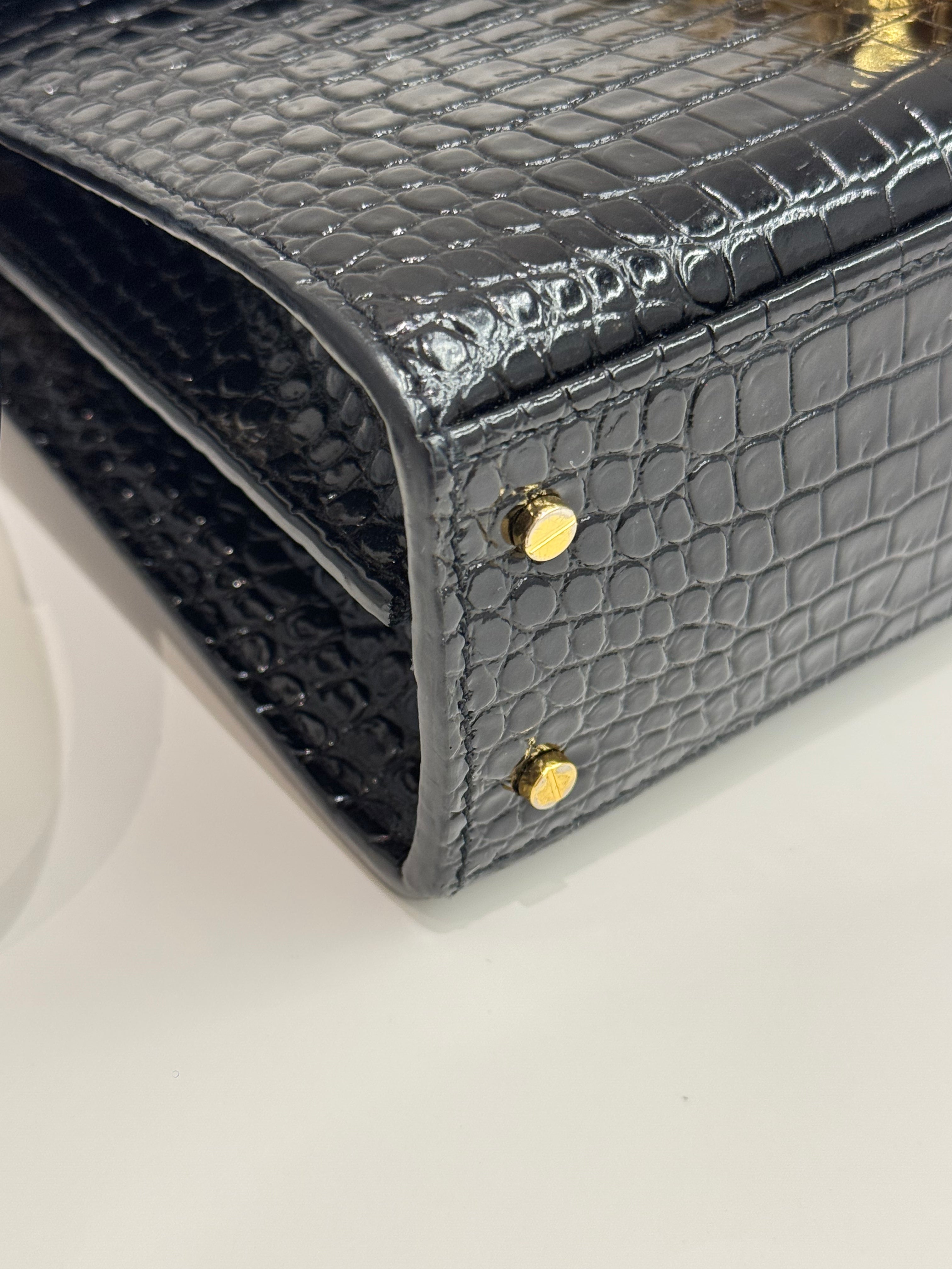 Saint Laurent Mini Cassandra Top Handle Croc-Embossed Calfskin Black