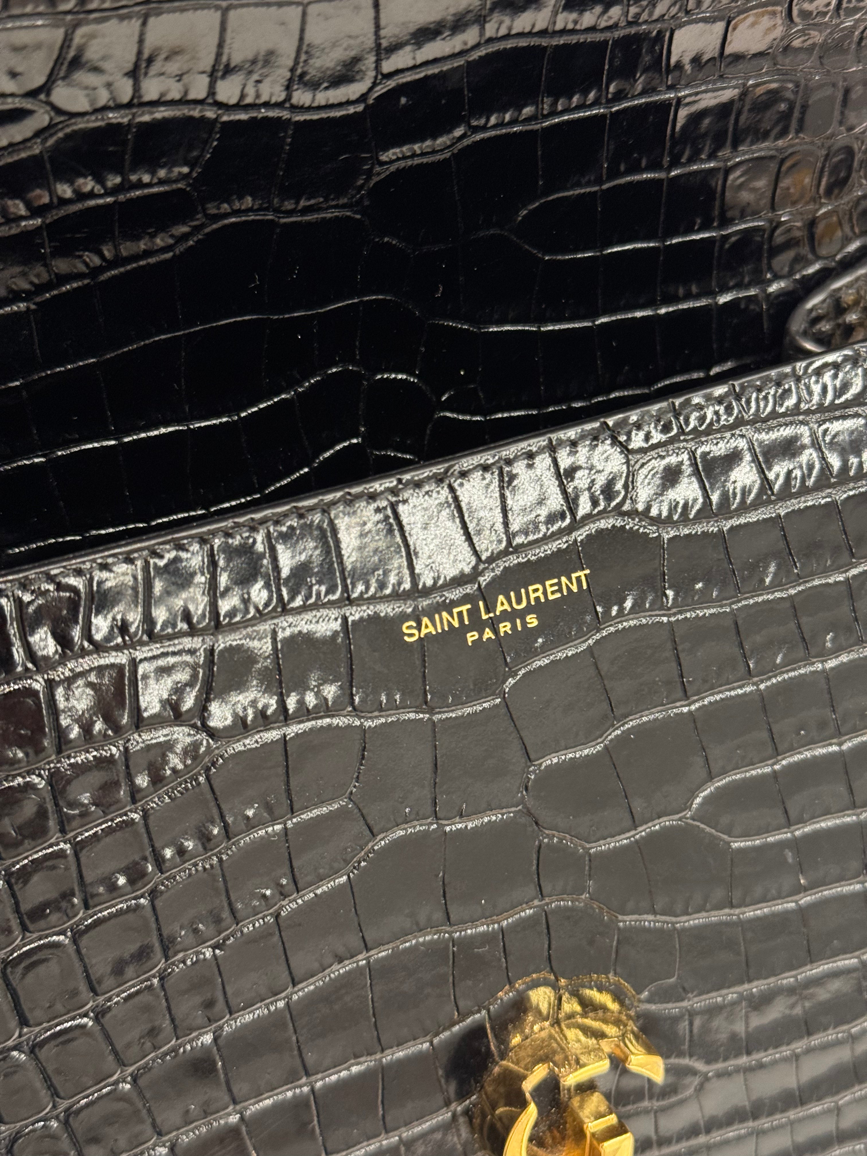 Saint Laurent Mini Cassandra Top Handle Croc-Embossed Calfskin Black