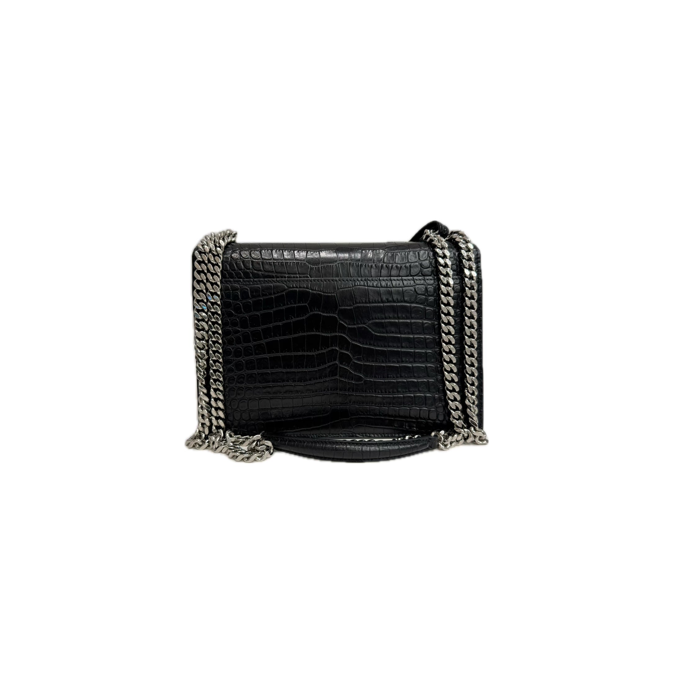 Saint Laurent Sunset Bag Croc-Embossed Calfskin Black