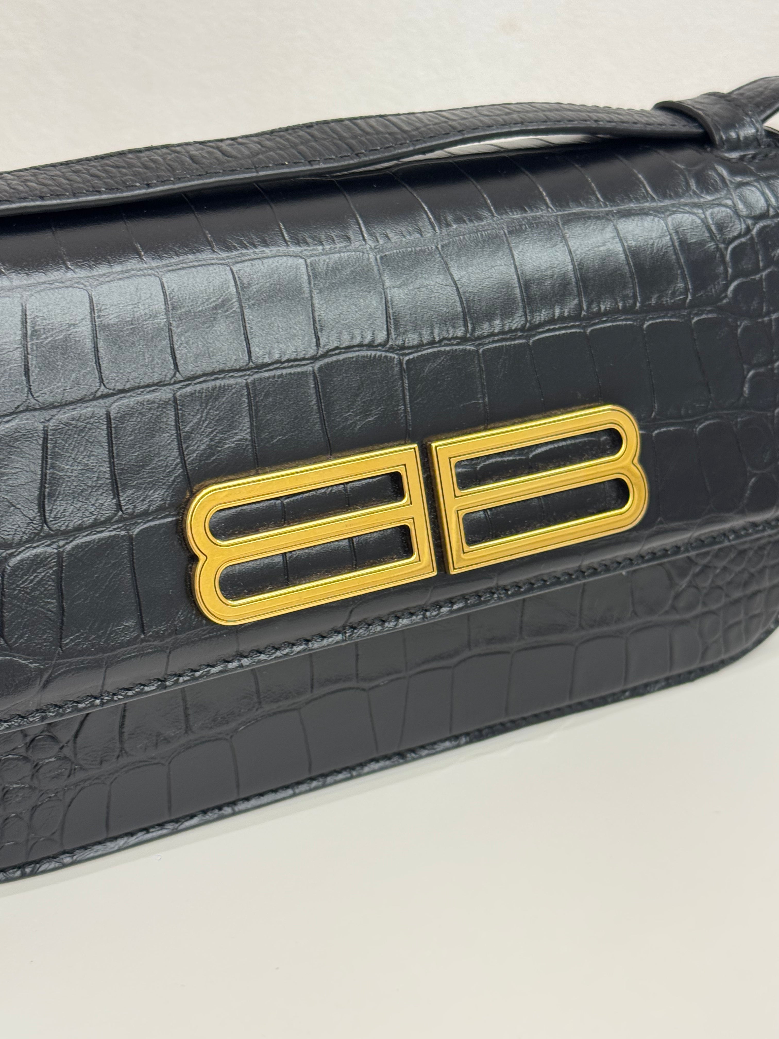 Balenciaga Gossip Shoulder Bag Croc-Embossed Calfskin Black