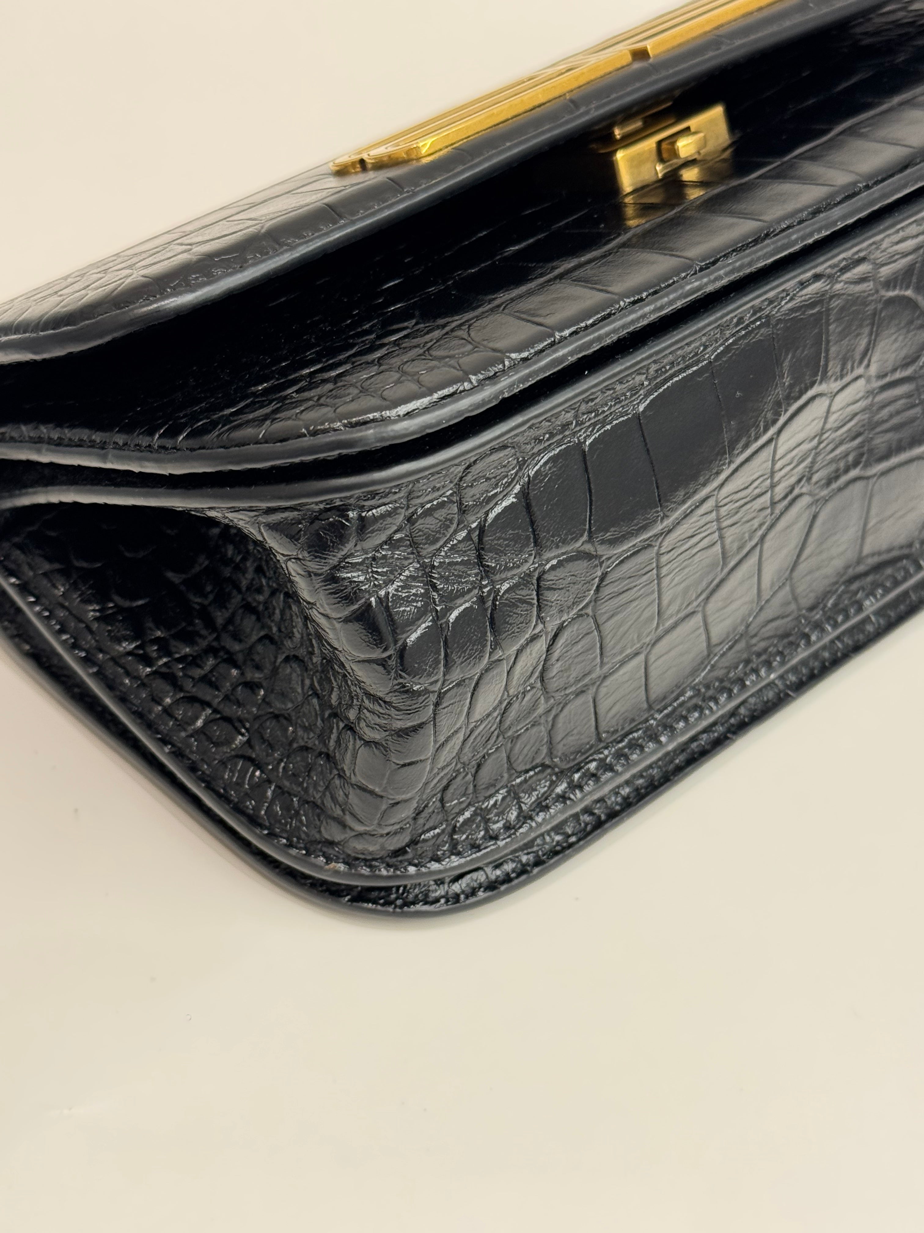 Balenciaga Gossip Shoulder Bag Croc-Embossed Calfskin Black