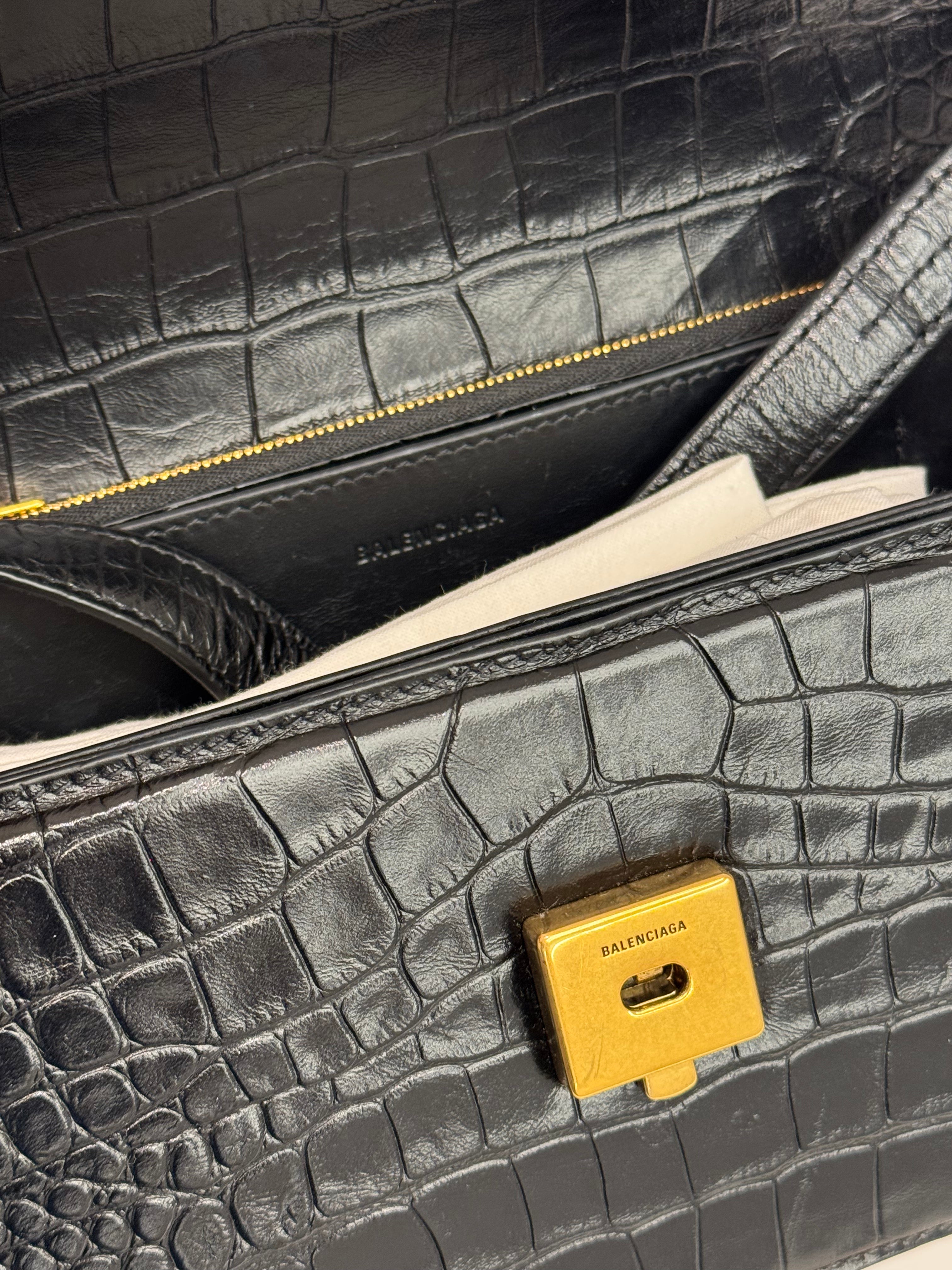 Balenciaga Gossip Shoulder Bag Croc-Embossed Calfskin Black