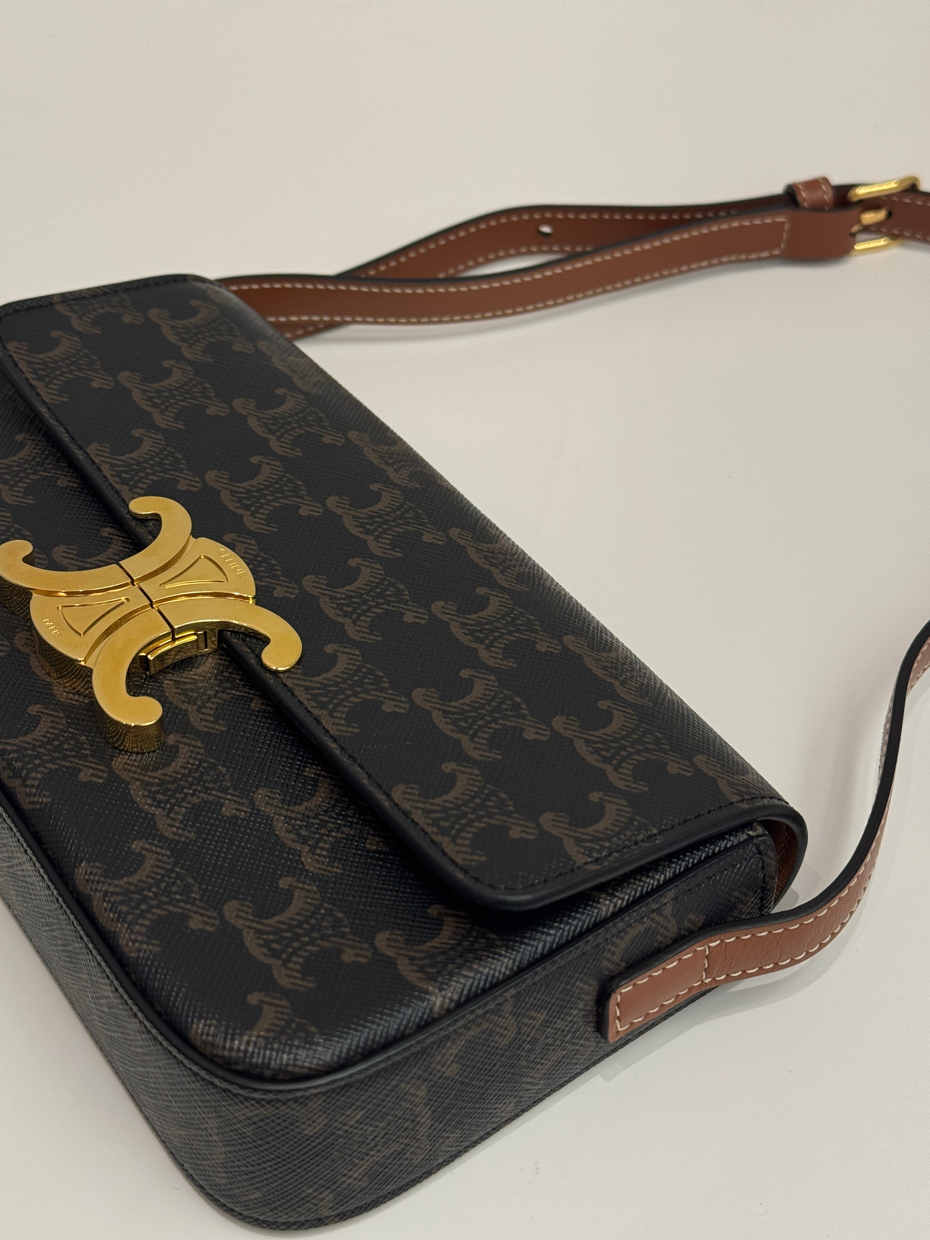 Celine Triomphe Shoulder Bag Triomphe Canvas / Calfskin Tan