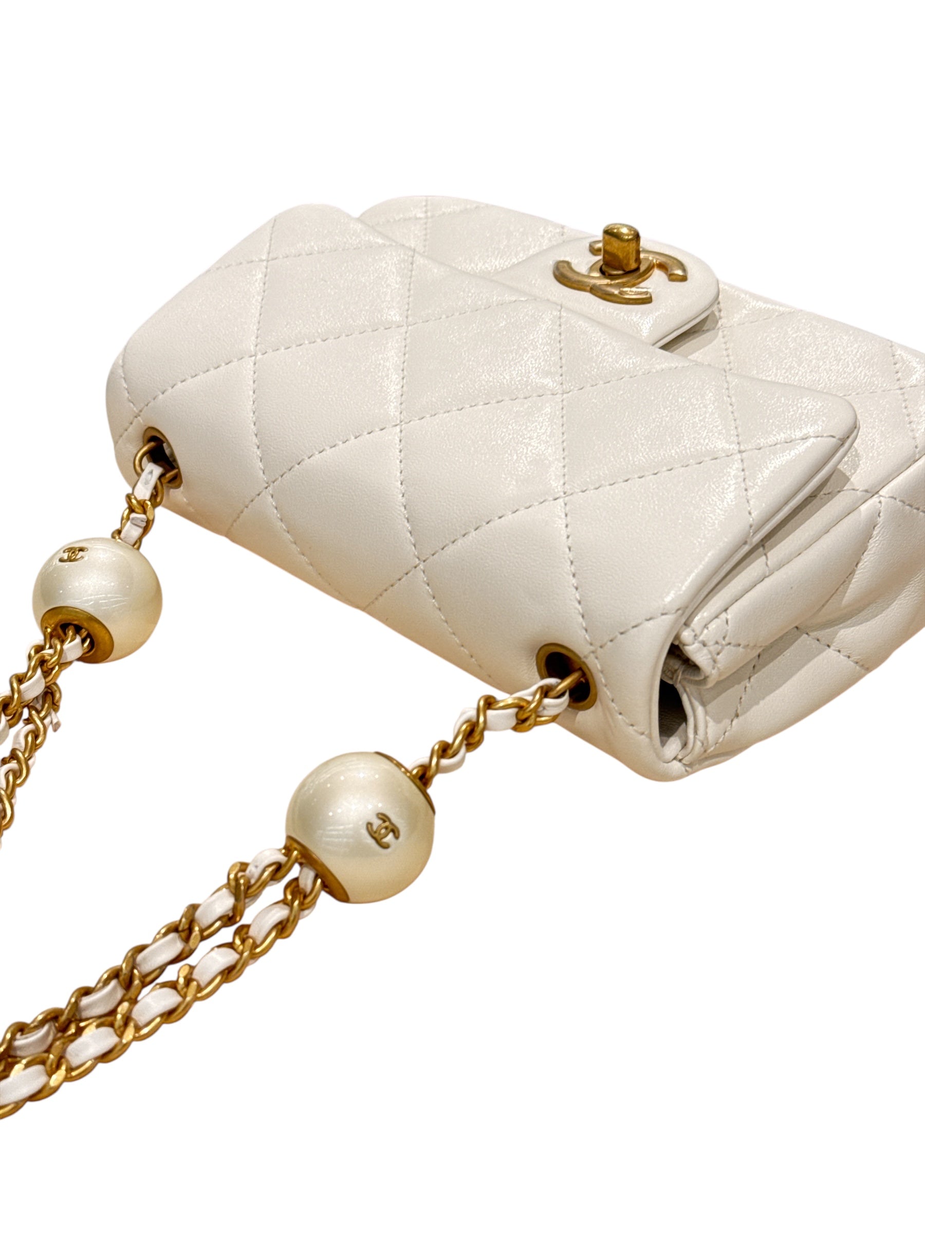 Chanel Mini Flap Bag with Pearls Lambskin White